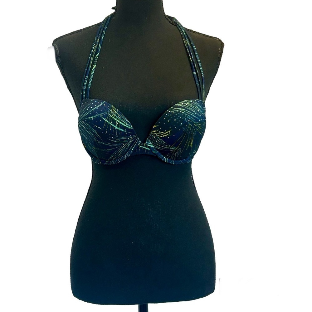 Victoriaβs Secret navy blue green tropical leaf print rhinestone bikini top